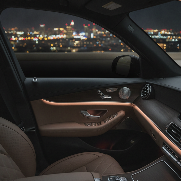 Close-up of a luxury car window at night, half-tinted with NanoTint Auto SPD Smart Film, transitioning from clear to opaque.