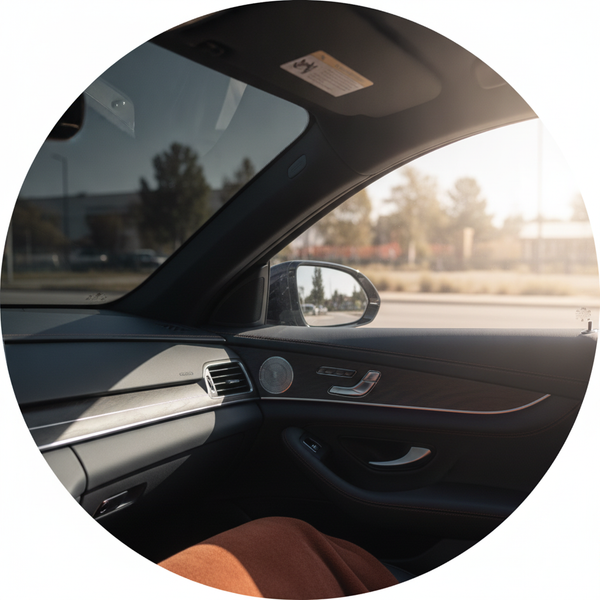 Interior view of a luxury car, showing a front window with smart tint film effectively blocking solar heat and UV rays on a s