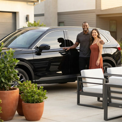 A diverse couple admiring their vehicle with professional ceramic window tinting applied in a sunlit outdoor setting.