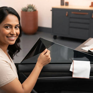A person applying removable ceramic window tint to a car window in a bright, modern garage.
