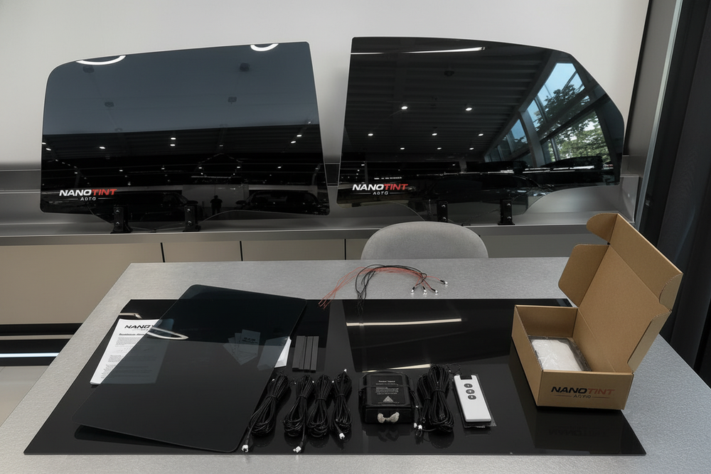 Inside a luxury car, the front passenger window is dark with activated smart tint, providing complete privacy.