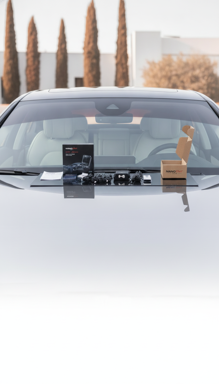 A luxury car's front window with smart tint film actively transitioning to private, showcasing the NanoTint Auto SPD Smart Fi