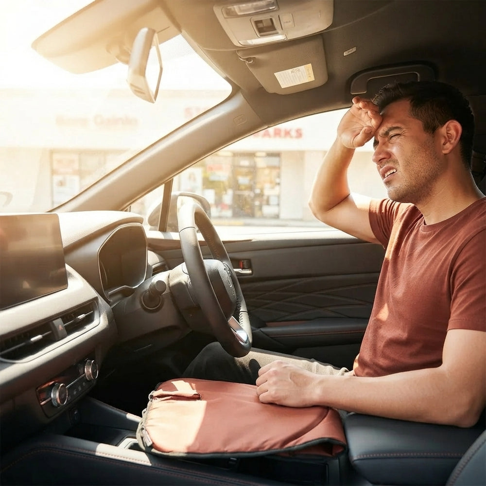 A driver squinting inside a bright, sun-drenched car cabin, illustrating the discomfort of heat and lack of window privacy.
