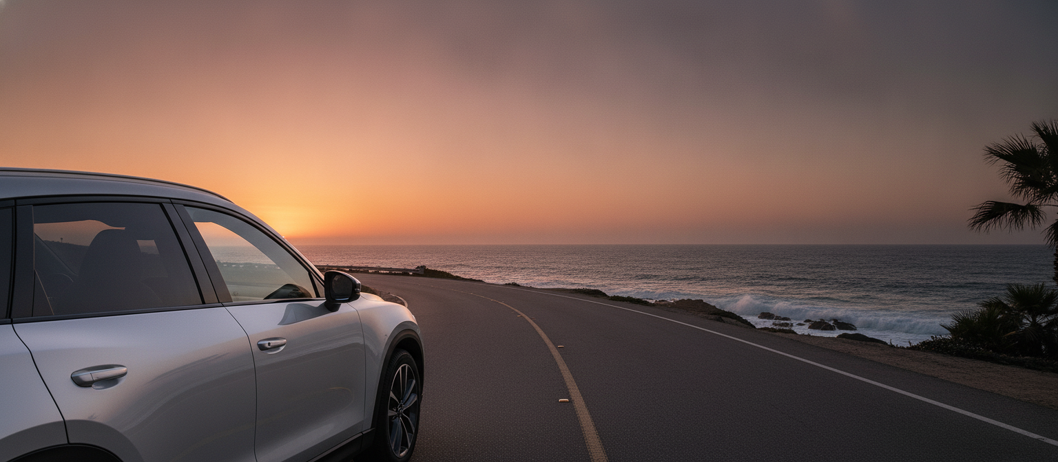A luxury electric vehicle with smart tinted front windows parked on a scenic coastal road at sunset, ocean and sky in the bac