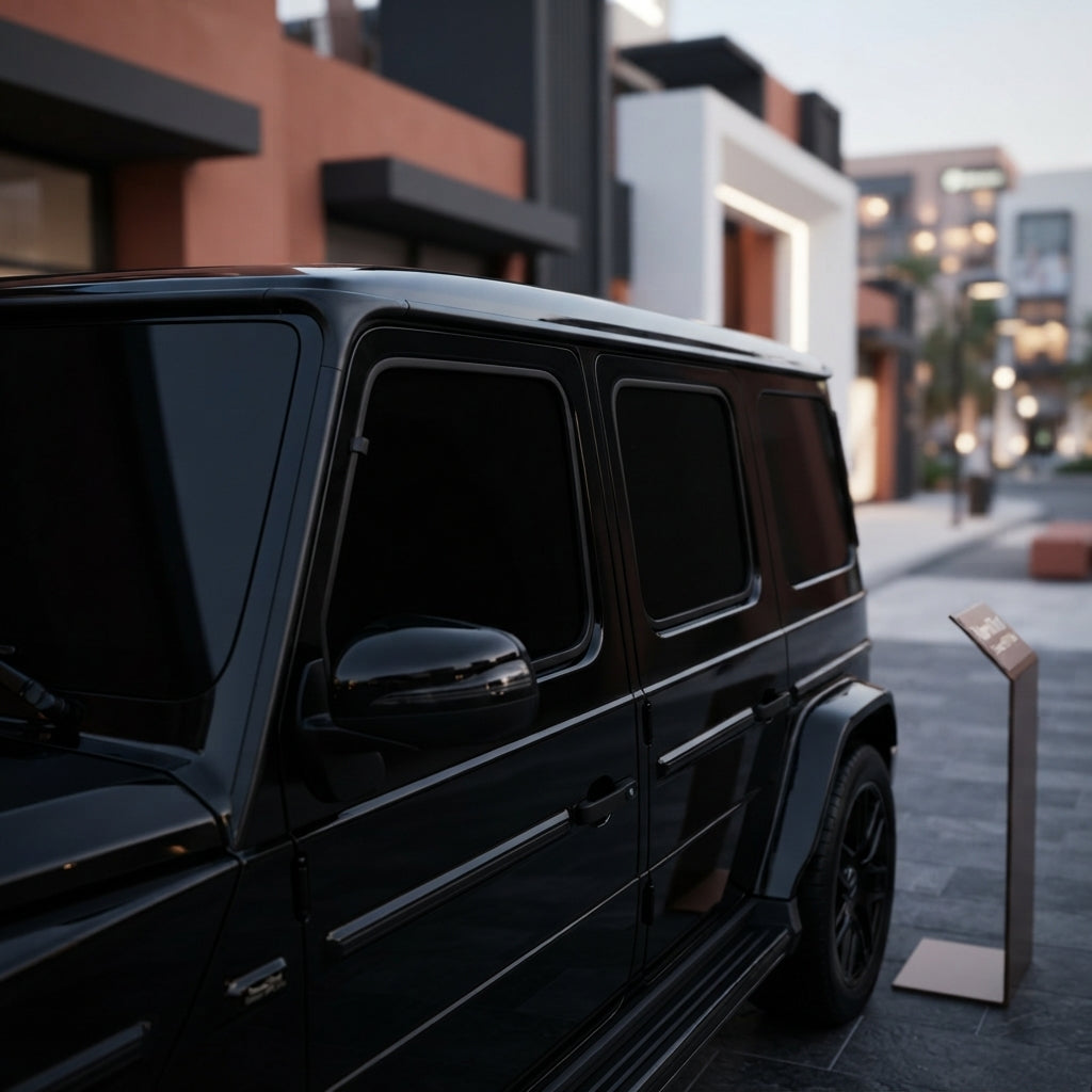 Black G-Wagon with activated privacy smart tint on the front windows parked on a modern city street at dusk.